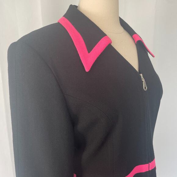 Vintage Dress Size 12 Black Pink Mod Retro 100% Wool Long Sleeve Office Minimal - Picture 4 of 16